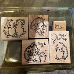 2000 Stampin up HEDGEHOG HAPPINESS 5 stamp wooden block set